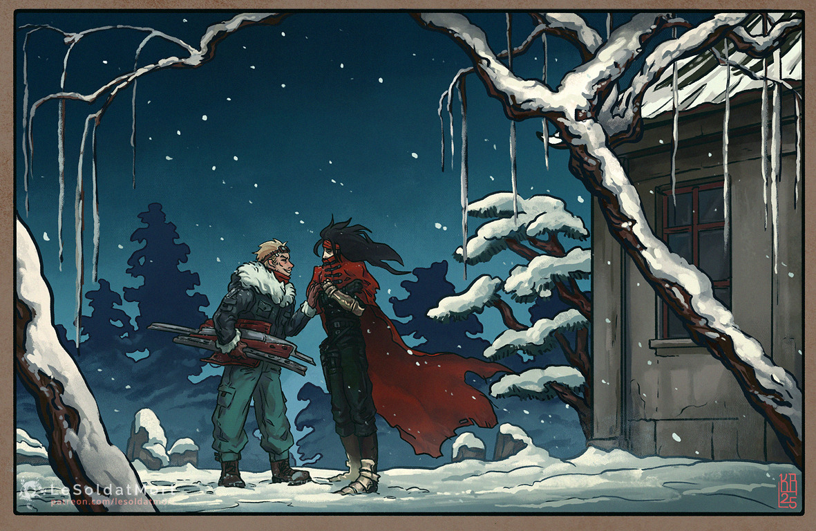 FF7 - Cid and Vincent snow A5 art print